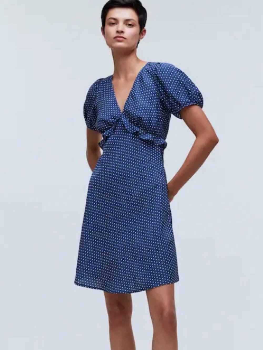 Madewell Navy and White Polka Dot Puff-Sleeve Mini Dress